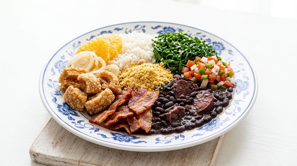 Panela de feijoada aberta, com as carnes à mostra